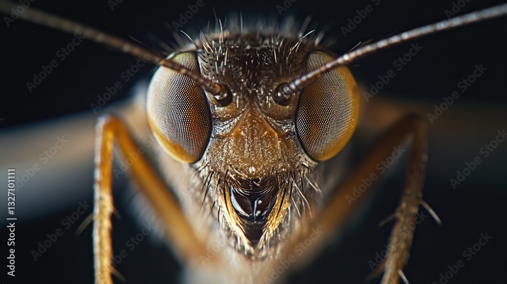 Poster a detailed view of a insect's face against a dark background