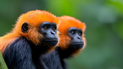Obraz premium Two Red-Orange Furred Monkeys in Rainforest Setting