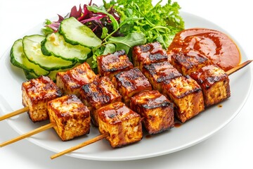 Grilled tofu cubes served as vegetarian skewers on a white plate with fresh salad and tasty sauce