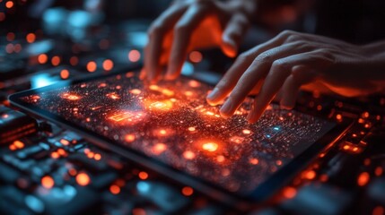 Person Engaging with Advanced Digital Tablet Display in Darkness. Generative AI