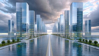 Fototapeta premium Skyscrapers and a road on an overcast day.
