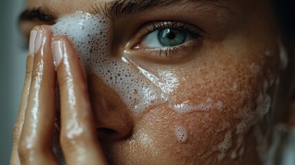 Obraz premium Close-Up of Woman's Face with Luxurious Foaming Cleanser, Hand Massaging Bubbles, Soft Ethereal Lighting, Emphasizing Radiant Skin - Ideal for Beauty and Self-Care Campaigns