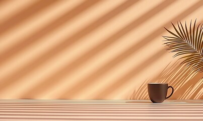 Minimalist scene with coffee cup, palm leaf shadow, and beige background.