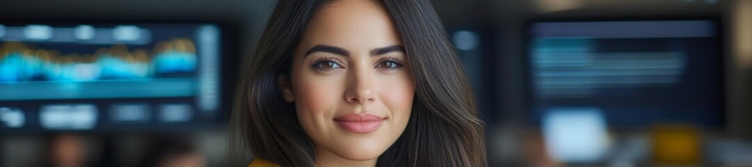 Obraz premium Young woman confidently smiling while working in a digital-driven office environment. Generative AI