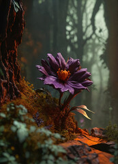 A purple flower isolated inside of a deep dark forest in a mysterious atmosphere. Generative AI. Full HD resolution.