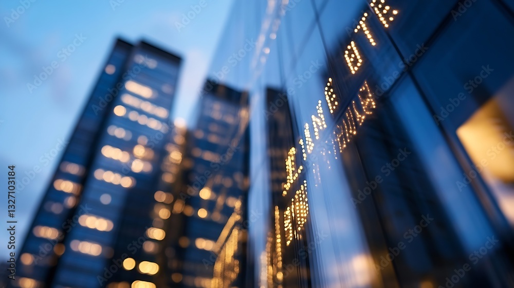 Aufkleber urban scene featuring modern skyscrapers with reflections and illuminated building signs at dusk : g