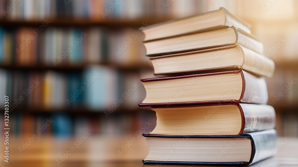 Aufkleber Stack of thick wellworn books displayed on a wooden table in a cozy library setting representing knowledge and education : Generative AI