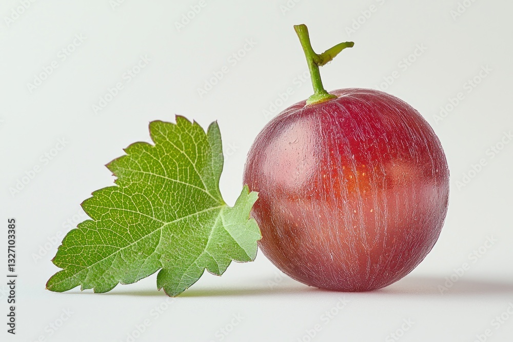 Poster Radiant Red Globe Grape with Vibrant Green Leaf a Still Life Close Up on Neutral Surface