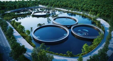 Clarifier for Water Treatment Plant in Aerial Top View Circle Shape for City Conservation