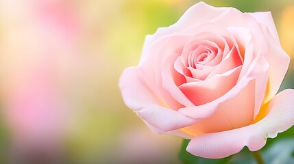 Beautiful pink rose blooming in a soft-focus garden background with pastel color
