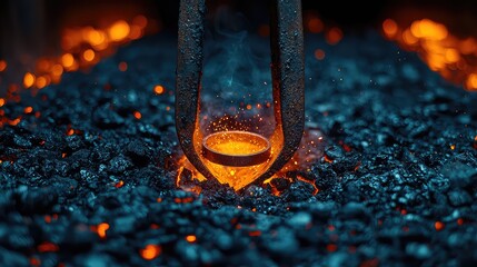 Close-up of a blacksmith's tongs holding a glowing metal ring in a fiery forge, sparks flying, intense heat, metalworking craftsmanship