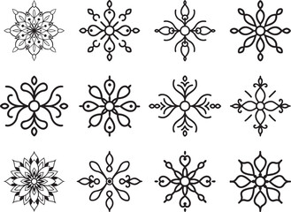 Floral Mandala Silhouette Set, Vector Decorative Ornament, Abstract Flower Design, Black and White Pattern