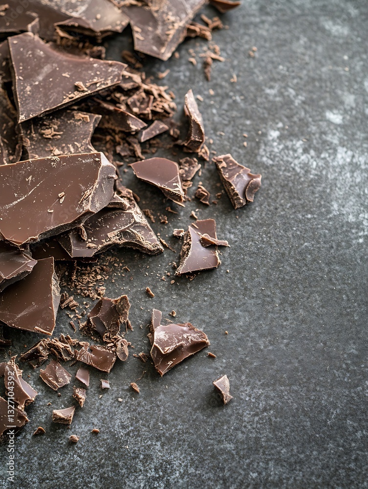 Poster smashed dark chocolate pieces scattered over a textured surface for playful gourmet presentation : g