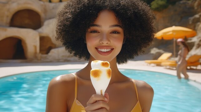 Smiling Woman with Marshmallow Treat by the Pool