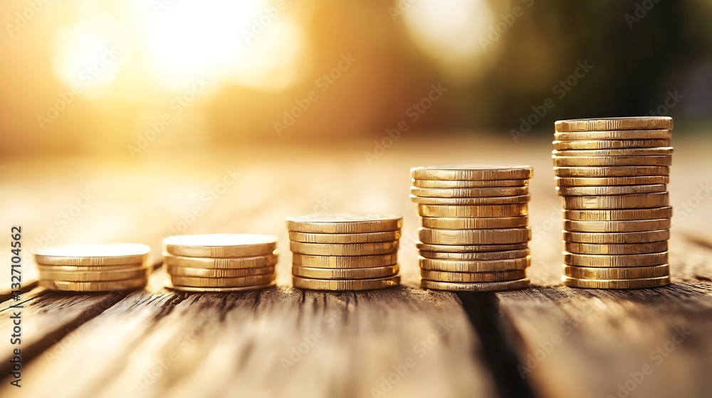 Poster stacks of coins displaying gradual increase representing savings and financial growth under sunlight
