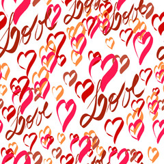 Digital seamless pattern with heart motifs in shades of red and the word "love" on a white background