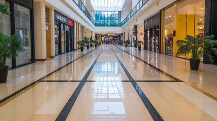 Spacious modern shopping mall interior with polished floors, shops, and vibrant greenery