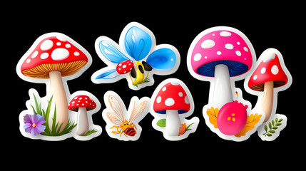 Obraz premium Whimsical Mushroom and Insect Sticker Set