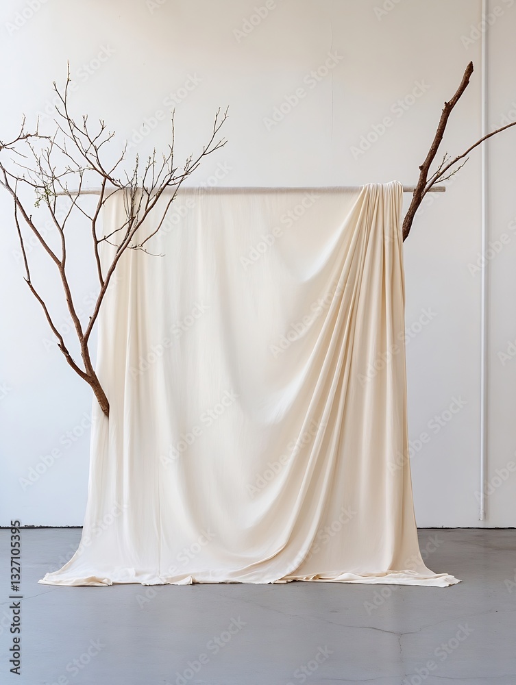 Aufkleber Elegant fabric backdrop draped gracefully with natural branches creating a serene artistic display : Generative AI