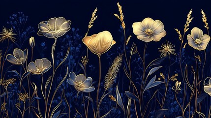 Gold Floral Illustration on Dark Blue Background, Elegant floral illustration with gold flowers on a dark blue background, resembling a starry night