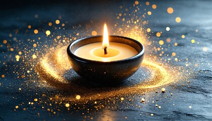 Candlelit scene featuring a small lit candle in a dark bowl surrounded by scattered gold glitter.