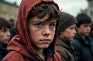 Fototapeta premium Young boy witnesses theft in a tense urban setting during the day