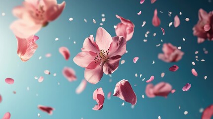 Flower petals floating in the air on a blurred background, spring concept, creating vibrant scene.