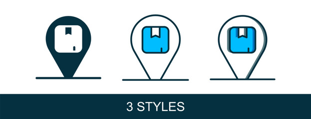 Filled outline Location with cardboard box icon isolated on white background. Delivery services, logistic and transportation, distribution. Vector