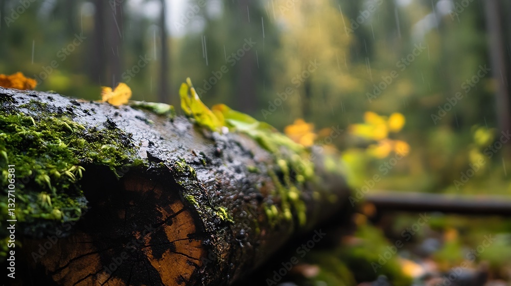 Poster closeup view of a mosscovered log surrounded by vibrant foliage in a rainy forest : generative ai