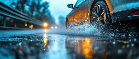 Dynamic car motion on a rainy road creating a splash of water with blurred lights and reflections adding a sense of speed and adventure