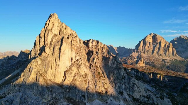 Aerial view of ra gusela at sunrise with breathtaking mountain landscape, Passo Giau, Cortina d'Ampezzo, Belluno, Italy.