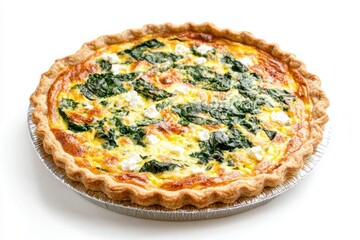 Delicious spinach quiche with feta cheese freshly baked and ready to serve in white background studio shot