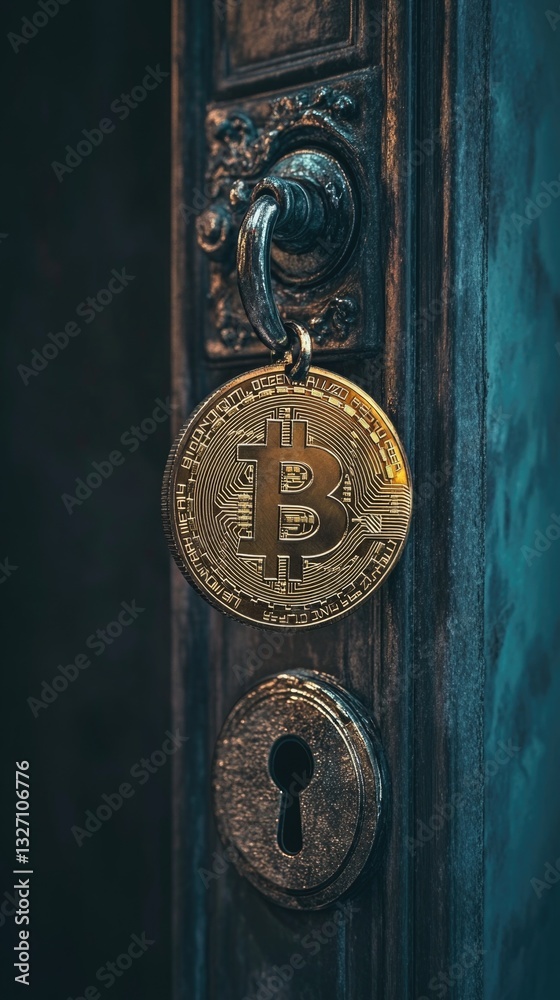Poster a golden bit coin hangs from a keyhole, possibly symbolizing good luck or prosperity