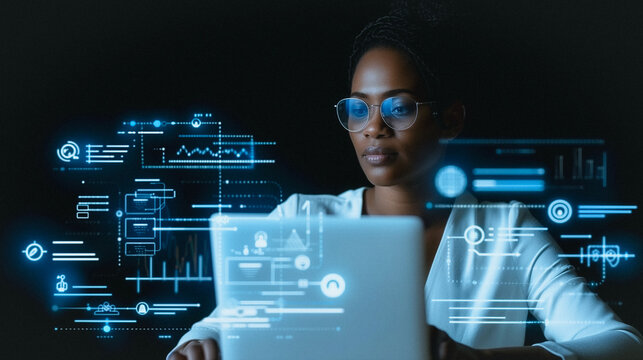 Cybersecurity Professional at Work: A focused woman, wearing glasses, intensely examines data on her laptop within a high-tech, digital interface environment. - Powered by Adobe