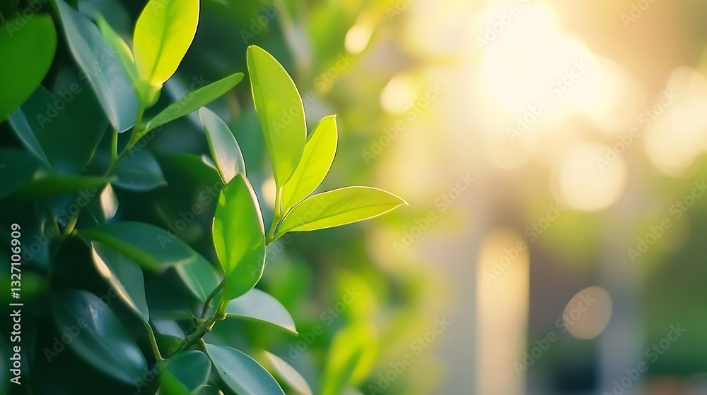 Poster closeup image of vibrant green leaves illuminated by soft sunlight in a peaceful outdoor setting : g