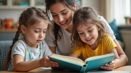 A mother reading a book to her two daughters. They are smiling at something in the book. A woman enjoying time with little girls she is babysitting. Living room setting