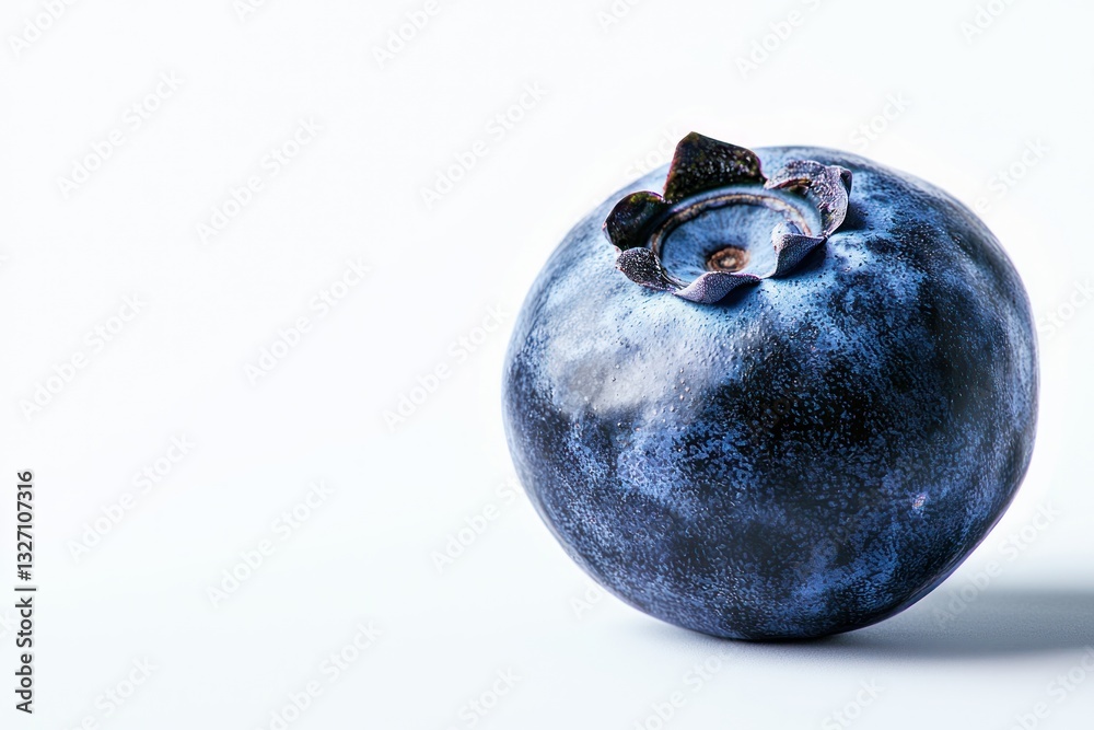 Poster close up studio shot of a beautiful single blueberry with detailed texture and vibrant color on whit