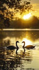Fototapeta premium Serene Swan Sunset: A pair of elegant swans glide across a tranquil lake, bathed in the warm, golden light of a setting sun, creating a picture of peace and romance.