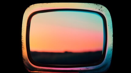 A retro television shows a colorful gradient sunset landscape scene