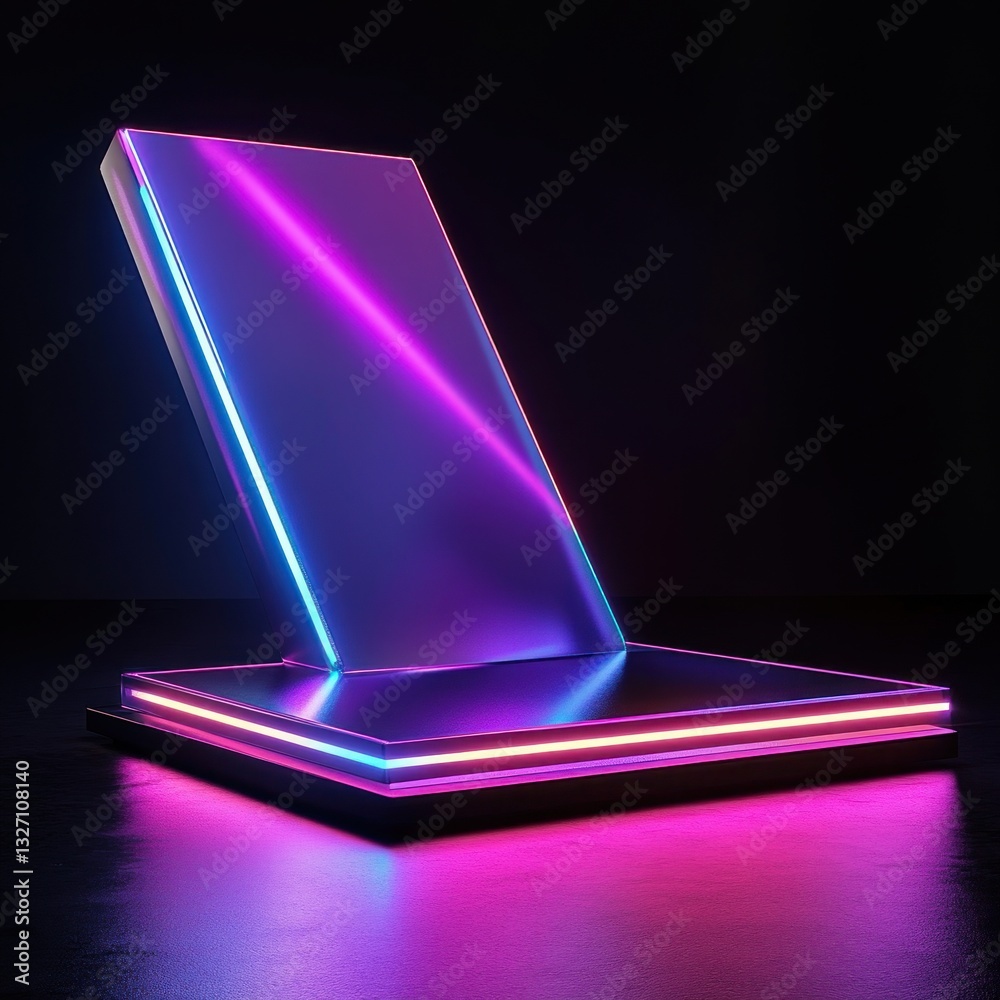 Aufkleber Vibrant Neon Geometry A Captivating Composition Featuring a Futuristic Rectangular Shape and Glowing Pink and Blue Lines on Black