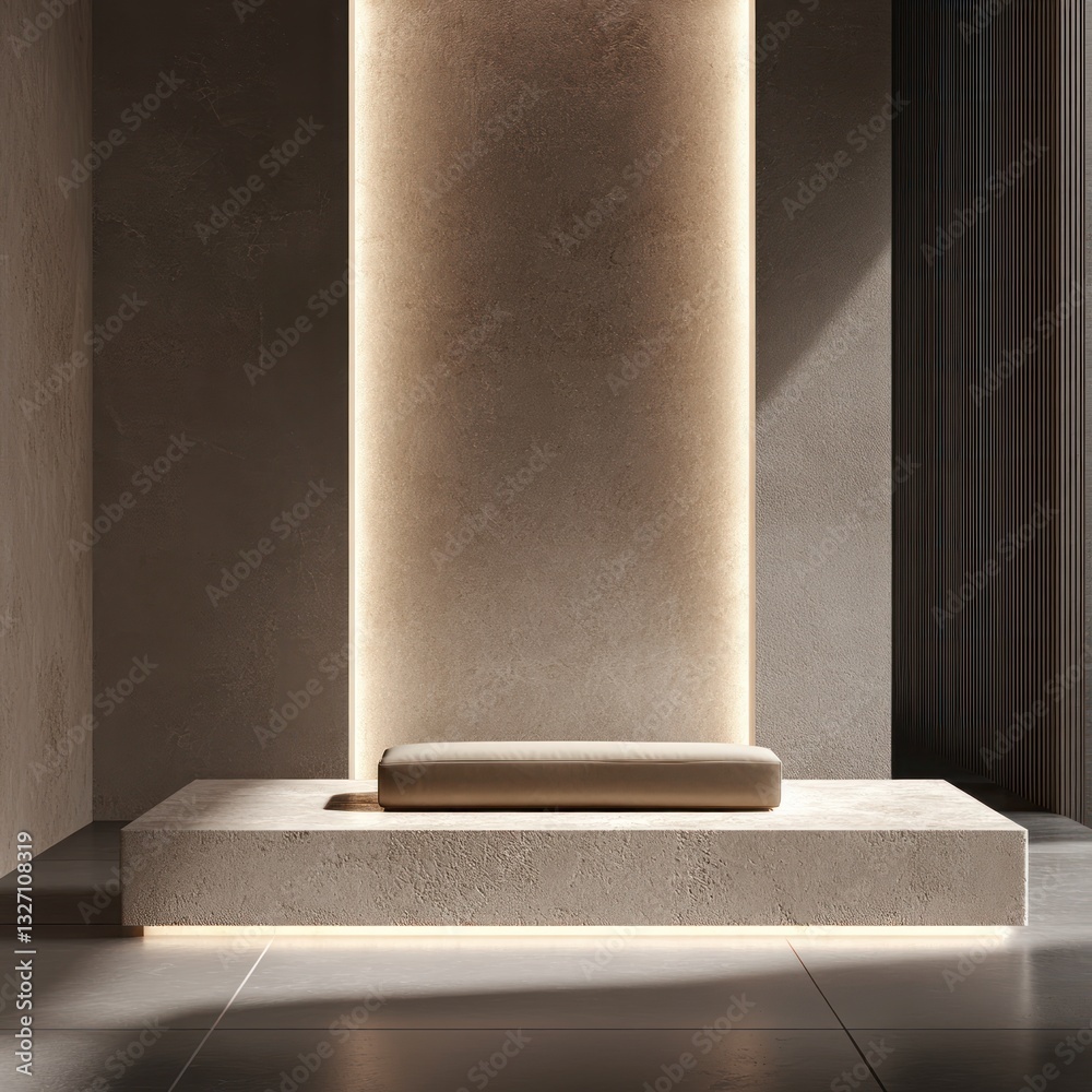 Poster elegant interior scene featuring a modern bench atop a platform against a sleek illuminated wall bac