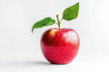 Fresh Vibrant Red Apple Isolated on White Backdrop Close Up Featuring Green Leaves and Stem Organic Still Life