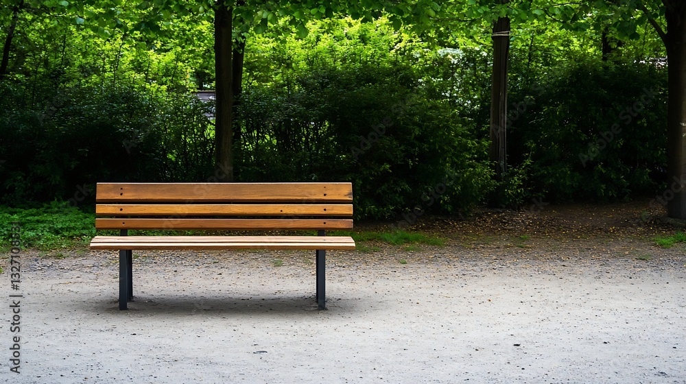 Poster wooden park bench surrounded by lush greenery in a calm natural setting : generative ai