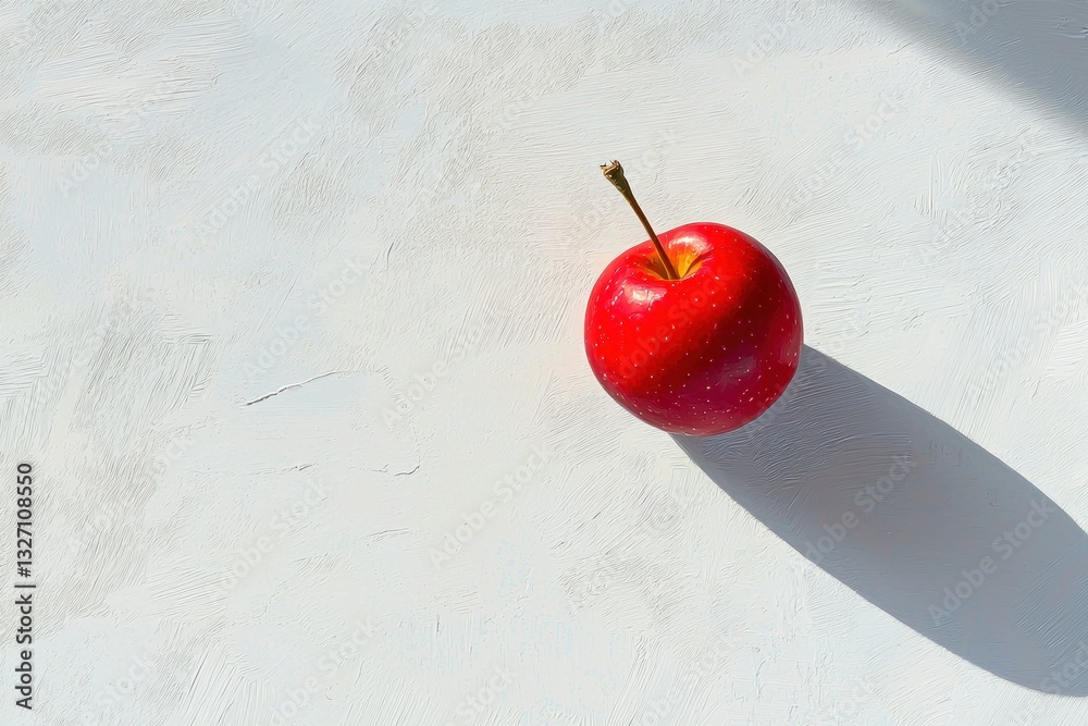 Poster bright red apple displayed with a dramatic shadow on a textured off white background in a studio sho