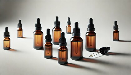 small essential oil bottles against a clean white background