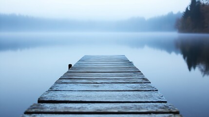 Obraz premium Serene Lake Dock with Misty Landscape in Early Morning Light Reflection : Generative AI