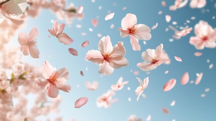 Flower petals floating in the air on a blurred background, spring concept, creating vibrant scene.