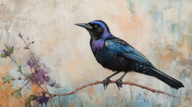Common Grackle. Male Bird Perched in Natural Wildlife Habitat