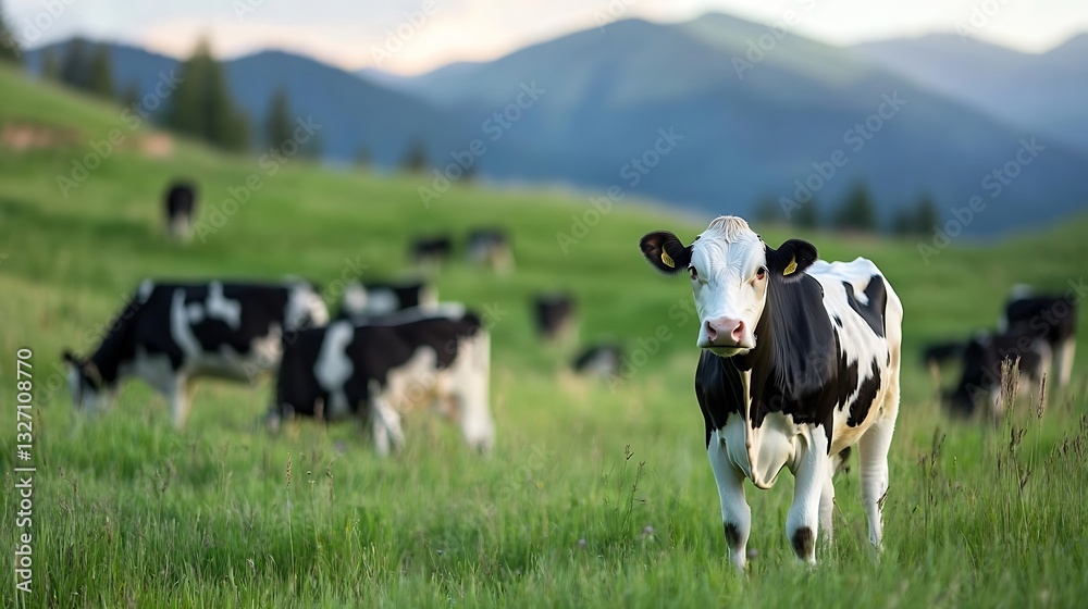 Poster charming black and white calf standing in lush green pasture with rolling hills in the background : 
