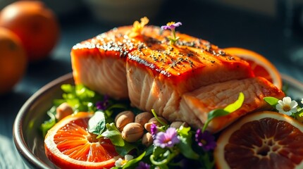 Perfectly prepared grilled salmon atop a salad with citrus slices, nuts, and colorful flowers on a modern plate.